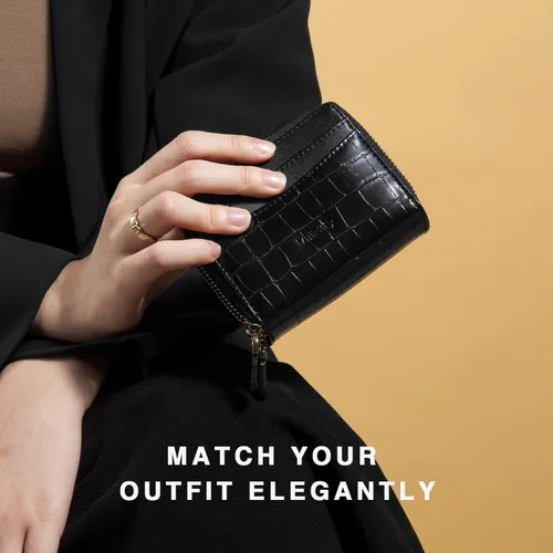 Vista 6 de Vulkitty Cartera elegante de piel con bloqueo RFID para mujer, cartera delgada con capacidad para hasta 14 tarjetas y dinero en efectivo, Negro