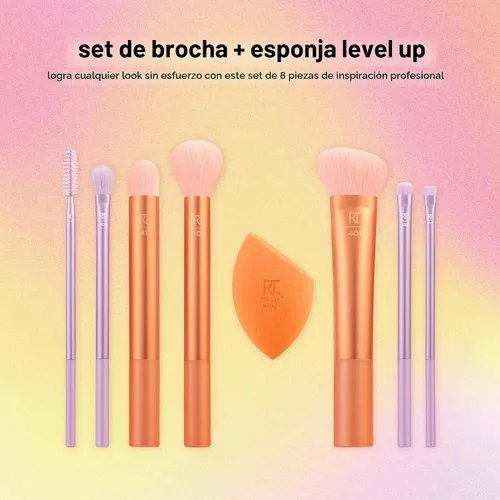 Vista 3 de Real Techniques - Juego de 8 piezas de brochas y esponjas Level Up, brochas de maquillaje para sombra de ojos, base, colorete y bronceador, esponja