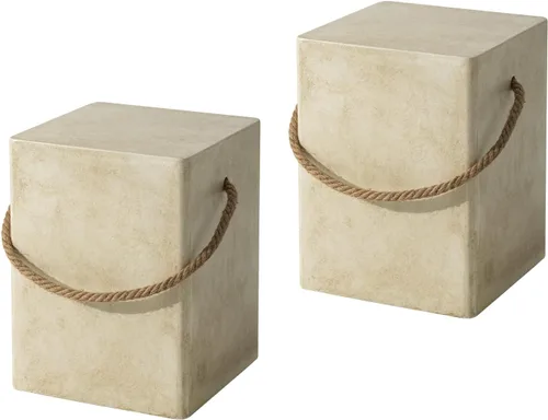Vista 10 de COSIEST Mesa auxiliar rectangular de hormigón, mesa lateral de 15'' para exteriores con asas de cuerda de cáñamo, mesas auxiliares de patio, mesa
