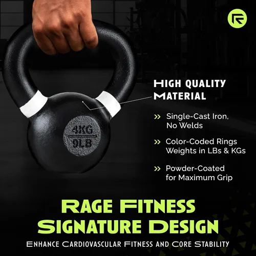 Vista 2 de Rage Fitness Single Cast Iron Kettlebell Powder Coated - Wide Handle Weights for Core & Glute Workouts; Swings, Squats, Deadlifts; Strength