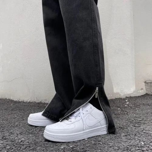 Vista 5 de Pantalones de mezclilla de pierna recta bordados con letras para hombre, sueltos, retro, casuales, de pierna ancha, pantalones de calle para hombre