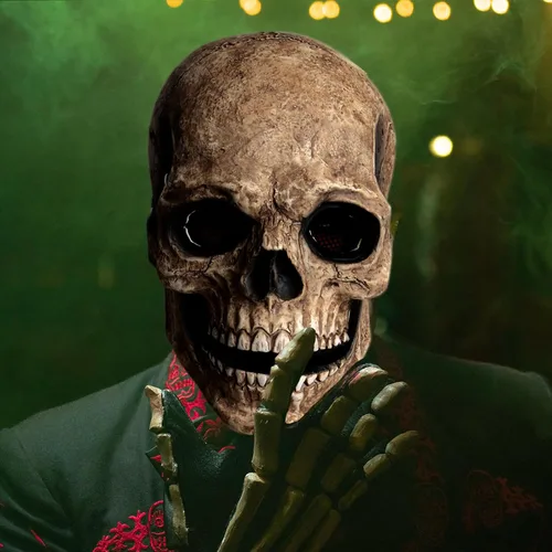 Vista 4 de Máscara de calavera con mandíbula móvil para Halloween, espeluznante esqueleto de látex, máscara de cabeza completa para adultos, disfraces de fiesta