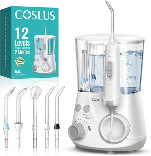 Vista 10 de COSLUS Irrigador Dental Avanzado: 2 Modos y 12 Ajustes de Presión Eléctrico para Ortodoncia, Aparatos, Encías Sensibles - Uso Doméstico, 5 Puntas