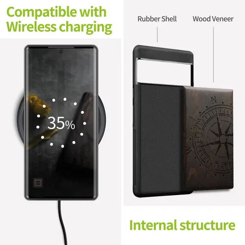 Vista 5 de Carveit Funda de madera para Google Pixel 7 Pro [madera natural y TPU negro] a prueba de golpes (negro madera, brújula vintage) Google Pixel 7 Pro