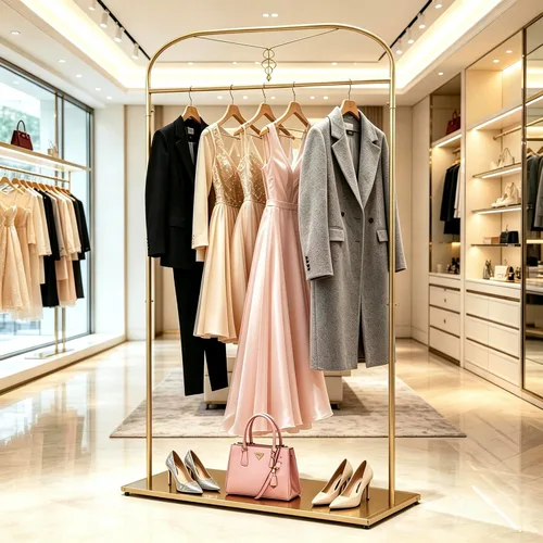 Vista 2 de 91" estante alto de la ropa del oro con los estantes, estante largo del vestido de la ejecución Estantes de ropa nupcial, organizador para tienda