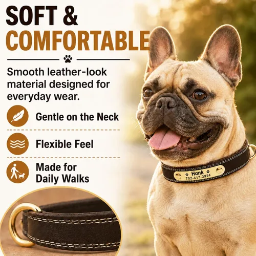 Vista 5 de Collar de cuero para perro personalizado con placa de nombre grabable - Collar con etiqueta de identificación duradera - Collar para perro