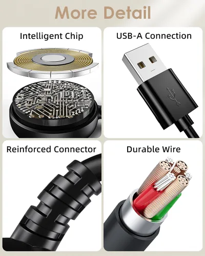 Vista 4 de Cargador de reloj Samsung Galaxy de 1 pie compatible con Watch 8/8 Classic/Ultra/7/6/6 Classic/5/5 Pro/4/4 Classic/3/Active/FE USB A carga magnética