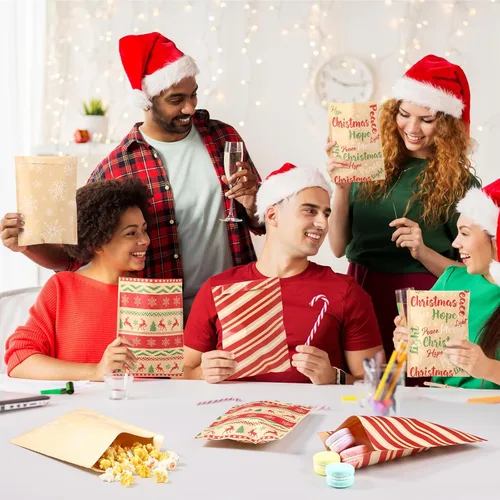 Vista 5 de Pasimy 100 bolsas de papel kraft de Navidad autoadhesivas, vintage