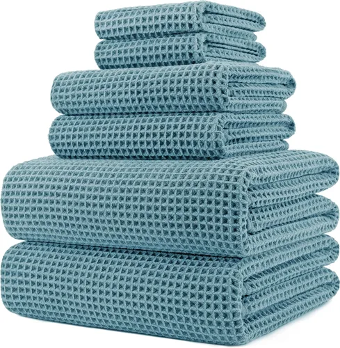 Vista 21 de POLYTE Juego de toallas de baño de gran tamaño de microfibra de secado rápido de 430 GSM, sin pelusas, 6 piezas (tejido de gofre)