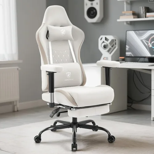 Vista 2 de Silla de juegos de tela transpirable, silla de oficina para computadora con reposapiés, soporte lumbar de masaje y almohadilla de gel, silla