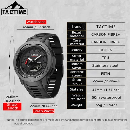 Vista 2 de Reloj táctico para hombres y mujeres, estilo militar, deportivo, digital, con hora mundial y 5 alarmas, hecho de fibra de carbono y retroiluminación