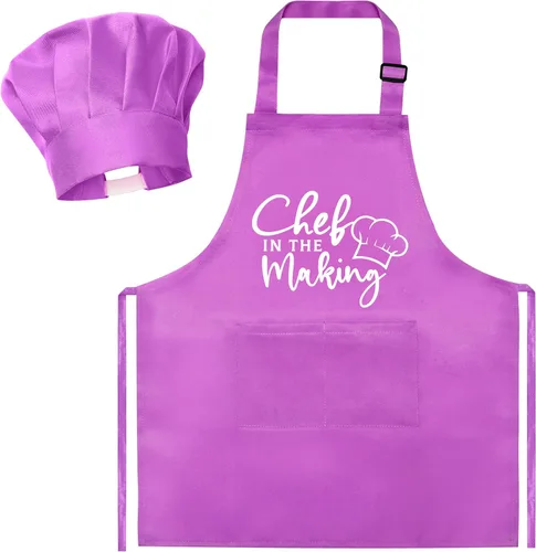 Vista 14 de R HORSE Juego de delantal y sombrero de chef para niños, 2 piezas, mini parrilla ajustable, delantal de cocina para niños, juego de rol, juguete