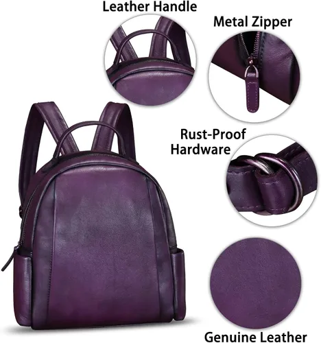 Vista 6 de IVTG Mochila de cuero genuino para mujer, mochila vintage a la moda, hecha a mano, casual, mochila de día, Púrpura, Mochilas Daypack