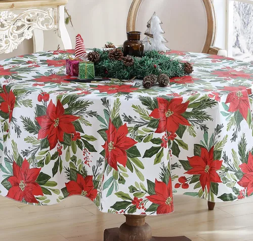 Vista 6 de Newbridge Poinsettia Flourish - Mantel de vinilo navideño de Pascua con respaldo de franela, cubierta de mesa festiva contemporánea de Pascua roja