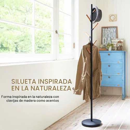 Vista 6 de Yamazaki Inicio Perchero independiente con ganchos de madera, ahorro de espacio de acero talla única negro