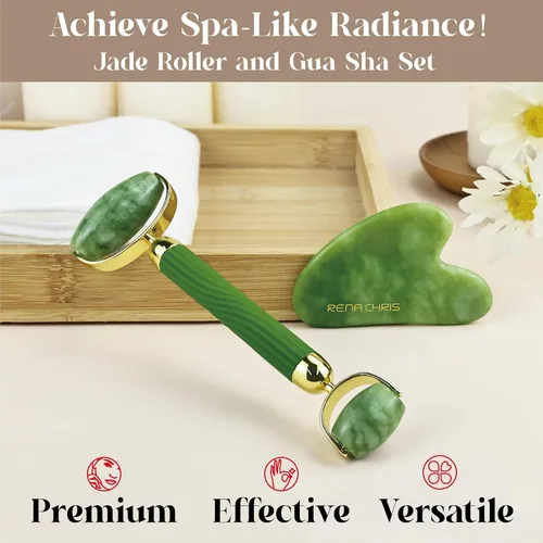 Vista 2 de Rena Chris Juego de Gua Sha y Rodillo Facial: Rodillo de Jade Anti-Rotura para Uso Duradero, Escultura de la Línea de la Mandíbula y Reducción