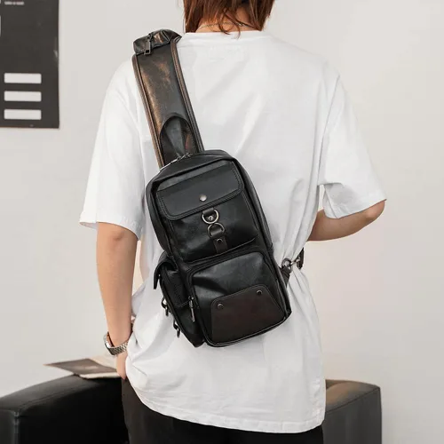 Vista 4 de QICHUANG - Bolso bandolera de piel sintética para hombre, bolso cruzado casual para viajes, senderismo, regalo para hombres