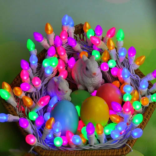 Vista 2 de Guirnalda de luces LED multicolor de cristal C3, 50 unidades, luz pastel de Pascua, 120 V, certificación UL, conectable, para exteriores, cable