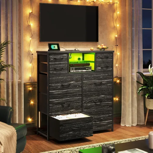 Vista 6 de Romorgniz - Cómoda para dormitorio con 10 cajones con luz LED y toma de corriente, cómodas de tela y cómoda con estantes abiertos para pasillo, sala
