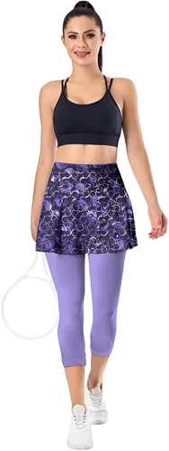Vista 2 de QINGXUN Leggings con falda de tenis para mujer con 2 bolsillos, leggings de yoga con faldas estampadas, faldas de tenis con leggings para mujer