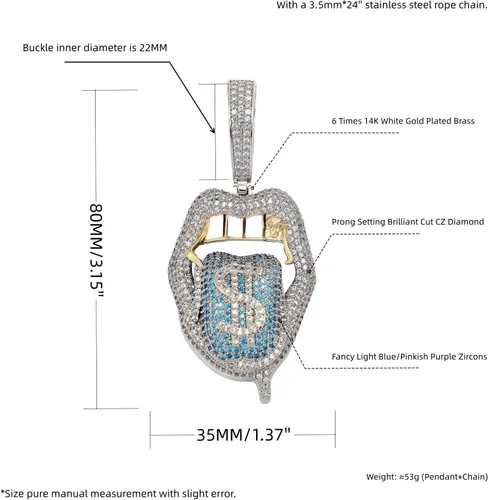 Vista 5 de ICEDIAMOND Iced Out Crazy Dollar Blazing Tongue - Collar con colgante creativo, diamante de circonita cúbica de color brillante con chapado en oro