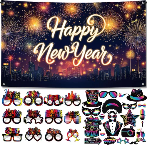 Vista 8 de KatchOn, Suministros para fiesta de Año Nuevo 2026 – Paquete de 32 Cartel de Feliz Año Nuevo, accesorios de cabina de fotos de NYE