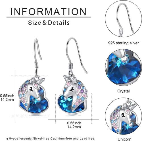 Vista 6 de Aretes de unicornio de plata de ley 925, hipoalergénicos, aretes colgantes de cristal azul, joyería de regalo de unicornio para mujeres y niñas