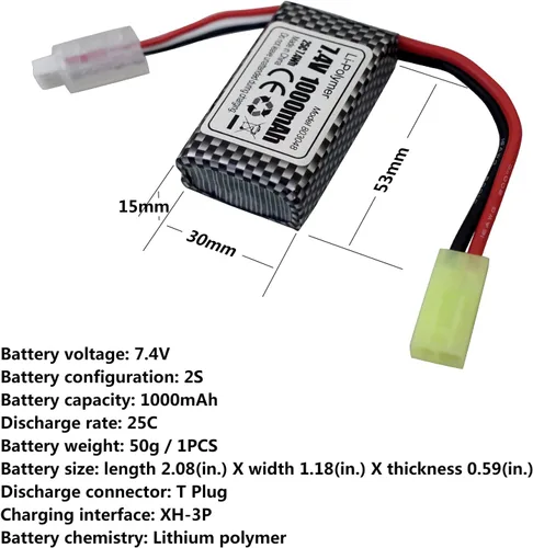 Vista 2 de Accessory 2PCS 7.4V 1000mAh Odamiya Plug Lithium Battery for 300E 9201E 9300 9310 9305E 9304E 9303E 9302E 9301 RC Car, RC Boat, RC Drone