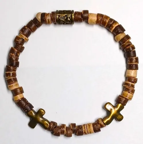 Vista 2 de Pulsera de cuentas elástica basada en la fe con cruz de bronce