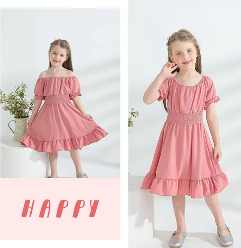 Vista 5 de YOUNGER TREE Vestido de fiesta para niña pequeña, con lazo en la espalda, manga corta, volantes, hombros descubiertos, vestido de fiesta casual