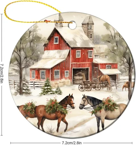 Vista 3 de Adorno navideño de caballos de granja, regalo para amantes de los caballos, de porcelana de doble cara, adorno de 3 pulgadas para árbol de Navidad