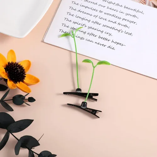 Vista 5 de 100 pinzas para el pelo de brotes de frijol, pinzas para el cabello con plantas verdes, horquillas divertidas para el cabello, adornos