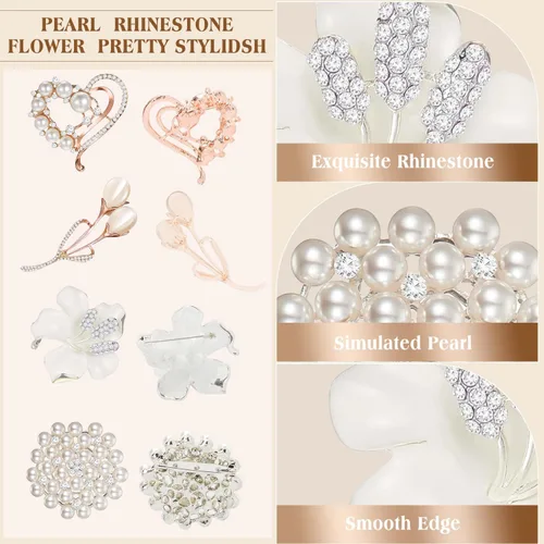 Vista 3 de Yadiana Brooches and Pins for Women, 4 Pcs Simulated Pearl Rhinestone Crystal Brooch Pins Stylish Women's Flower Brooches Pins Bulk, Elegant