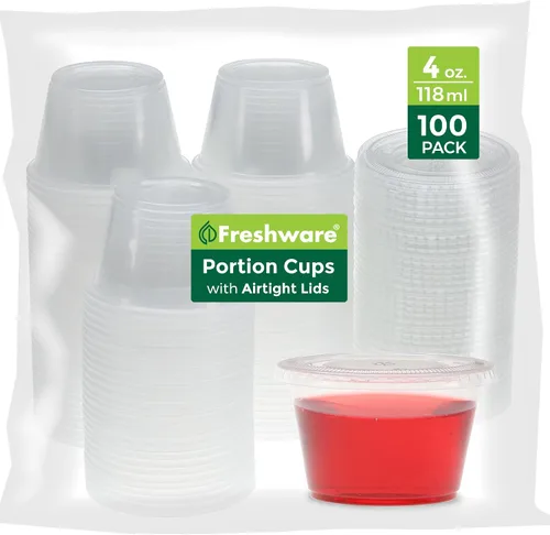 Vista 9 de Freshware Vasos de Plástico para Porciones con Tapas [1 Onza, 100 Juegos] Vasos de Plástico Desechables para Preparación de Comidas, Aderezo