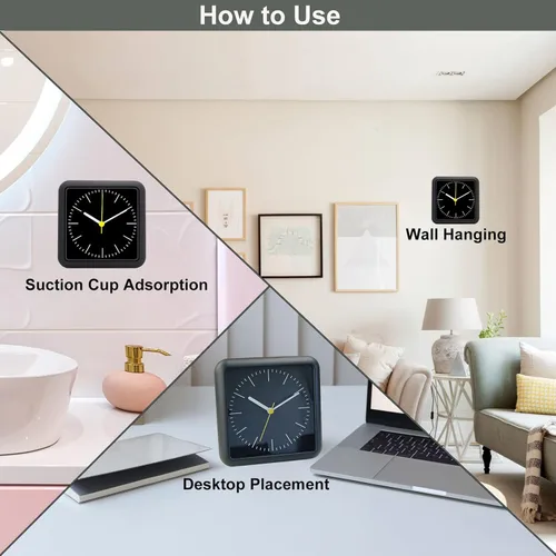 Vista 3 de Reloj de pared impermeable para baño, reloj de pared negro para interiores con ventosa, movimiento de cuarzo, marco de plástico, opción flexible