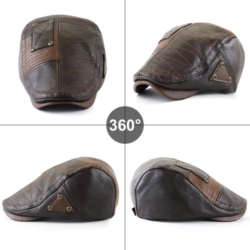 Vista 5 de Panegy Sombrero de periódico para hombre, gorra plana de piel sintética, sombrero de boina ajustable, sombrero de hiedra para conducir golf al aire