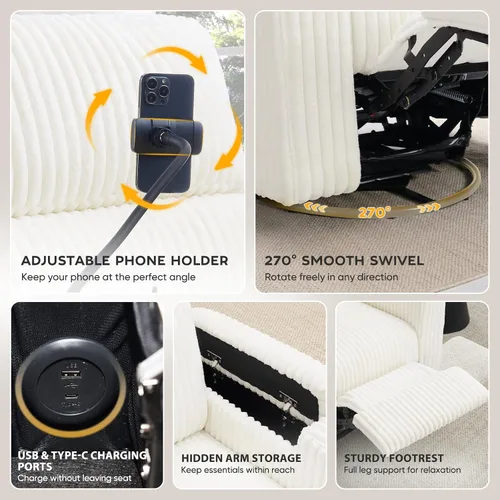 Vista 5 de ABCASA Mecedora reclinable eléctrica para guardería, planeador giratorio Pana-blanco