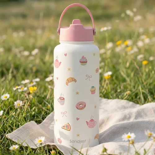 Vista 6 de Regalo de repostería para mujeres, botella de agua de acero inoxidable de 32 oz con tapa y popote, botellas aisladas estéticas de dulces, regalos