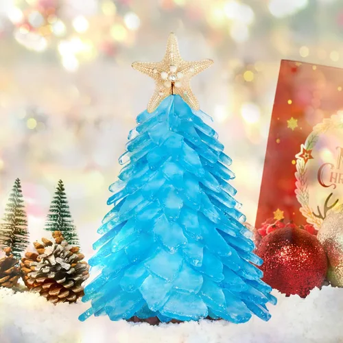 Vista 2 de Árbol de Navidad de cristal de mar verde, mini árbol de Navidad hecho a mano, centro de mesa, ideal para Navidad, Año Nuevo, decoración del hogar