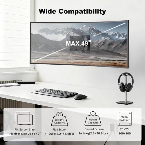 Vista 2 de Soporte de pared para monitor para pantallas ultraanchas de 17 a 49 pulgadas, brazo de monitor resistente de hasta 44 libras con giro, inclinación