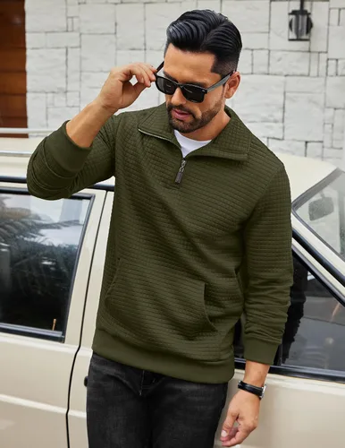 Vista 3 de COOFANDY - Sudadera con capucha para hombre, manga larga, con cremallera de un cuarto, estilo sarga casual, con bolsillo Verde militar