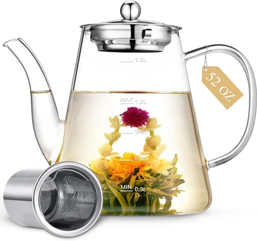 Vista 10 de Tetera de vidrio, Zpose 1200 ml/40 oz de tetera con infusor de acero inoxidable extraíble, tetera de vidrio transparente con línea de escala, tetera