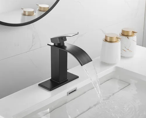 Vista 3 de Grifo de baño negro de un solo agujero con una manija para lavabo de baño, cascada, montaje en cubierta, grifo mezclador de baño comercial