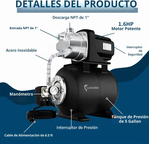 Vista 4 de Lanchez Bomba de jardín de pozo poco profundo de 1.6 HP, bomba de riego de acero inoxidable, 1340 GPH, bomba automática de chorro de agua