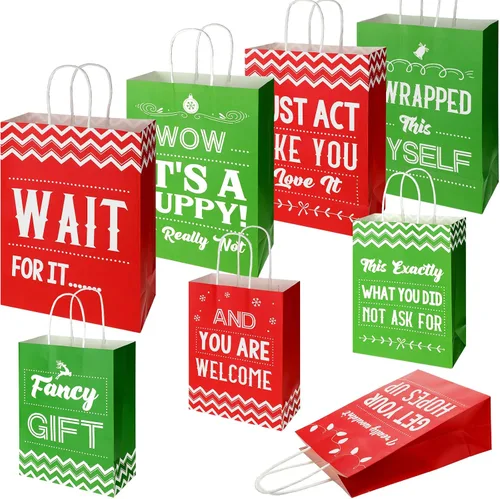 Vista 8 de Zonon 8 bolsas de regalo divertidas de Navidad con asas, bolsas de favor de fiesta de Navidad rojas y verdes con frases humorísticas, suministros