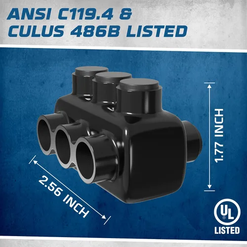 Vista 4 de Conector de cable aislado, entrada lateral doble de 3 puertos, 3/0–6 AWG, tornillo hexagonal de 7/32 ″, inhibidor de óxido prellenado, conector