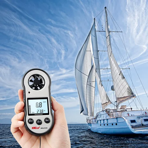 Vista 5 de Anemómetro digital de velocidad y temperatura del viento, medidor de viento de mano para disparar, windsurf, caza, color gris