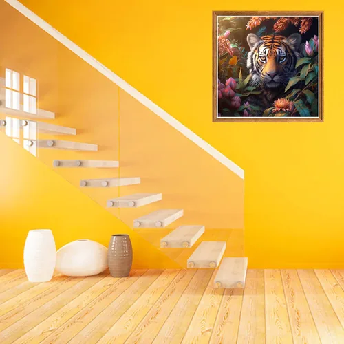 Vista 3 de Bimkole Kits de arte de diamantes 5D para adultos, flores alrededor del tigre, set de bordado de pedrería DIY animal de taladro completo, pintura