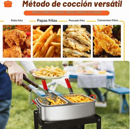 Vista 7 de Freidora de propano de 18 cuartos Freidora de pescado para exteriores con 2 cestas, pinzas, tapa, tapa y termómetro Freidora de aluminio