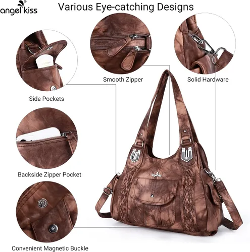 Vista 6 de Angelkiss - Bolsos y bolsos de mano para mujer, de cuero vegano lavado, bolso cruzado estilo hobo